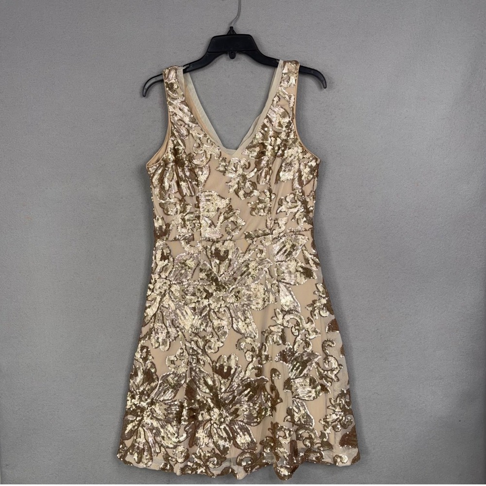 Marina Dress Women 12 Gold Sequin Floral Sleeveless V-Neck Cocktail Party Glam - Picture 1 of 8